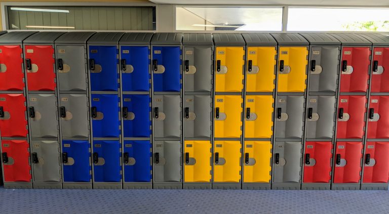 Bank of multicolour plastic lockers