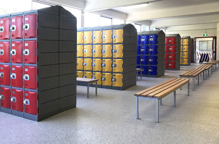 School Lockers in bright colours with benches
