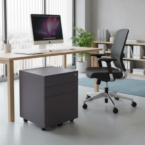 3 Drawer Steel Mobile Pedestal - Black in situ